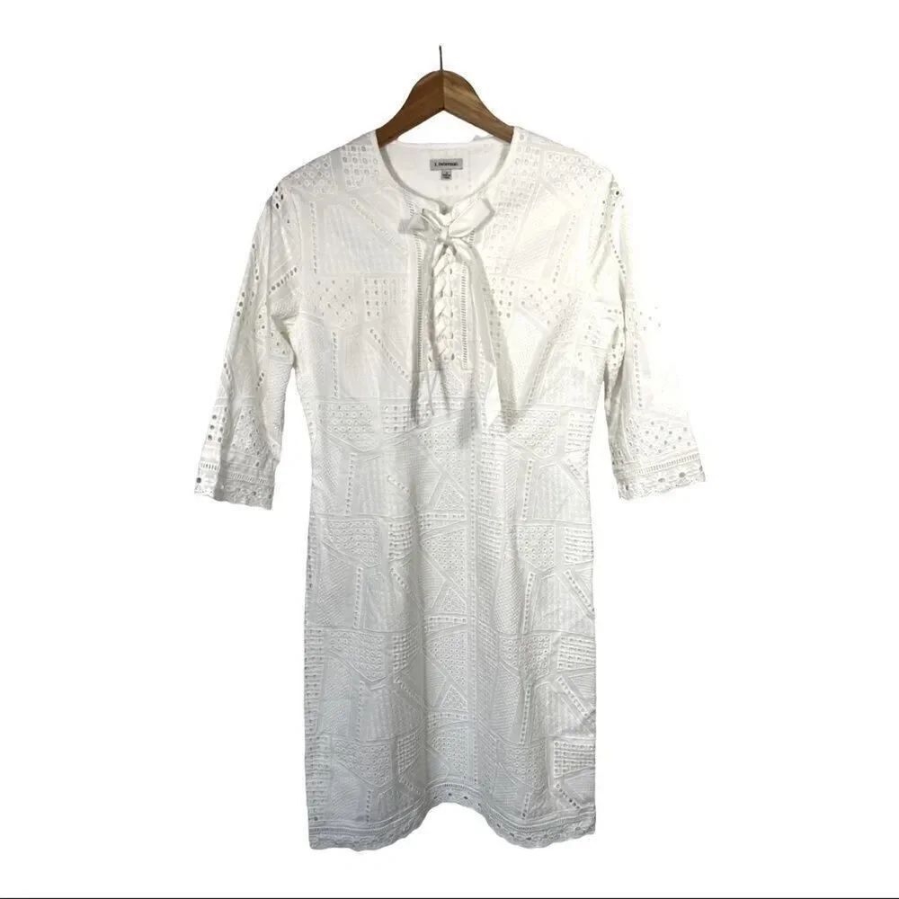 J. PETERMAN Women’s 3/4 Sleeve Cotton Tie Neck Eyelet Dress White Size 2